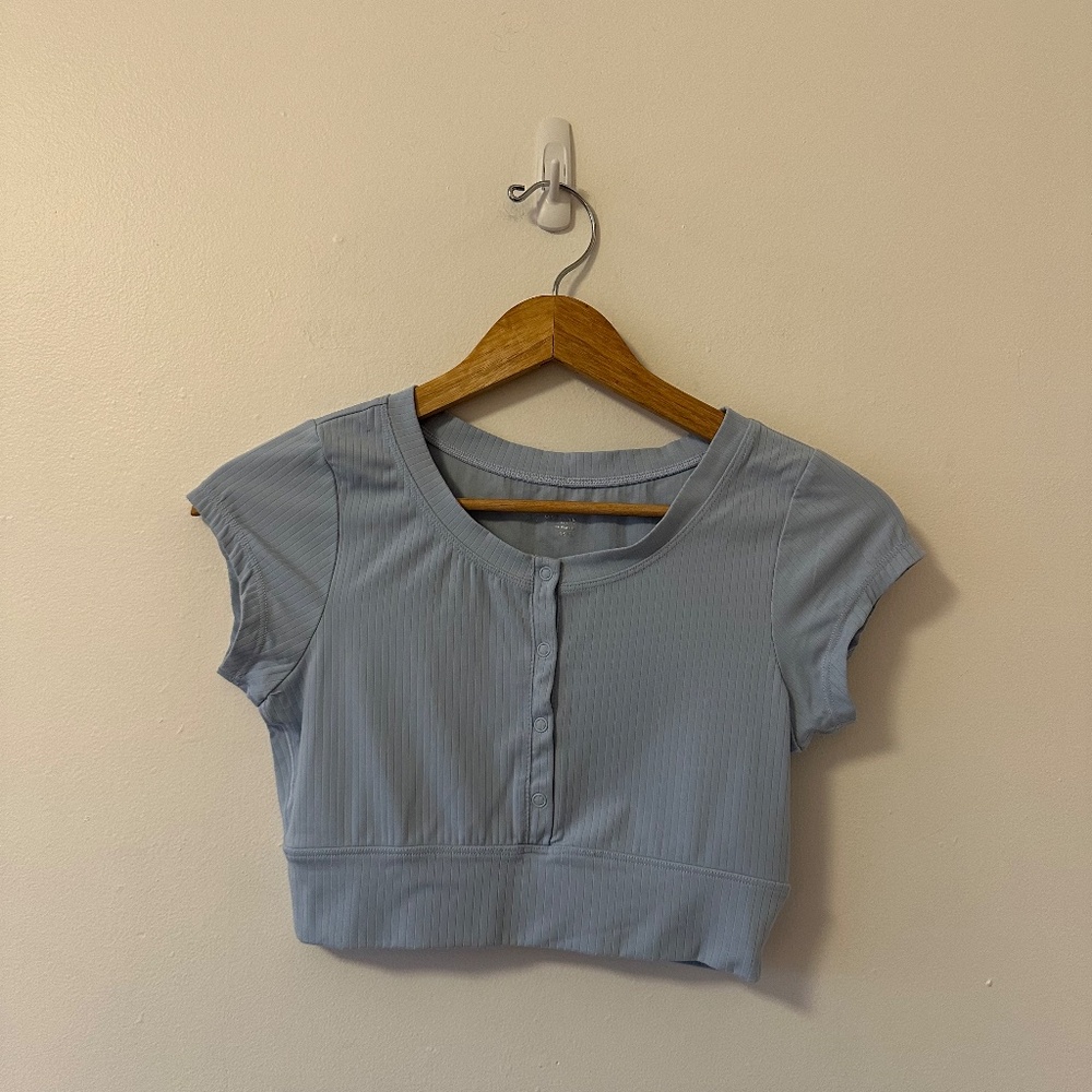 OFFLINE By Aerie Real Me Henley Crop Tee in Ribbed Baby Blue | Size XS - Picture 3 of 10